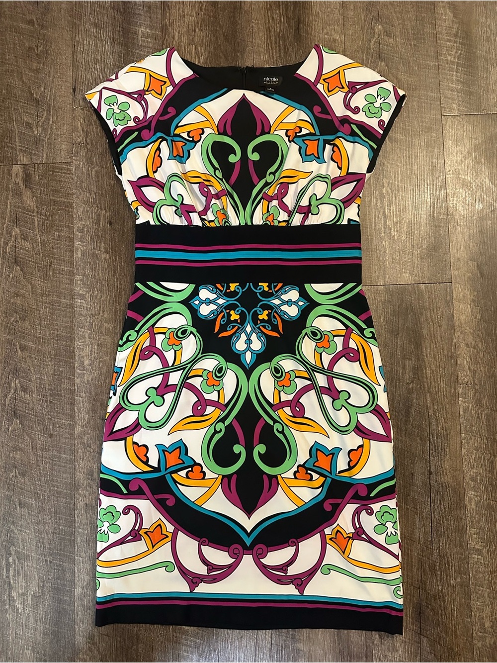 Nicole by Nicole Miller 8 Black White Multicolor Graphic Print Dress